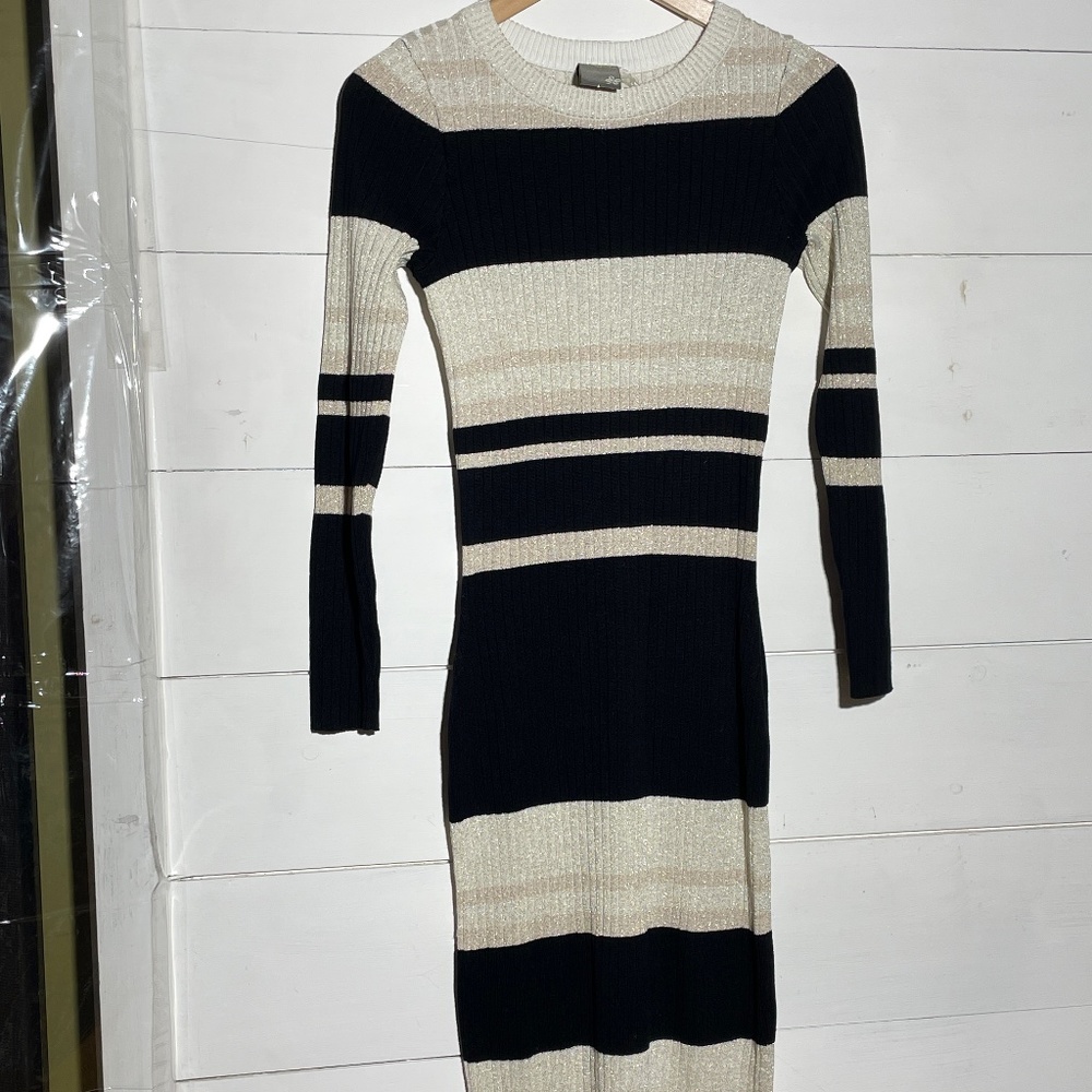 Slinky Sexy Striped Sweater Dress with Long Sleeves and Metallic Gold SMALL